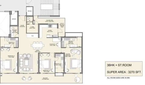 Floor plan: 3 BHK + staff room