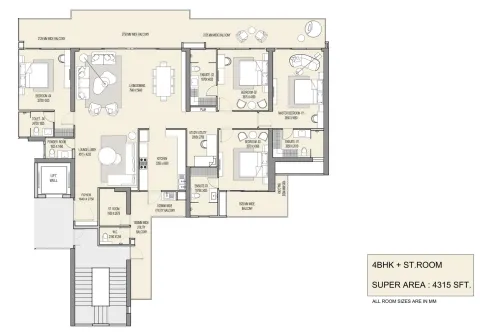 Floor plan: 4 BHK + staff room