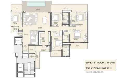 Floor plan: 5 BHK + staff, type 1